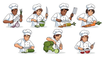Diverse Chefs in White Uniforms Skillfully Preparing Fresh Vegetables.