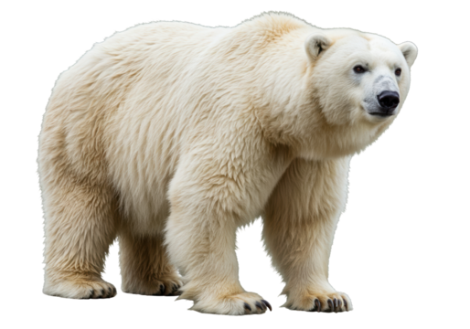 Majestic polar bear isolated PNG, standing tall with thick white fur on transparent background