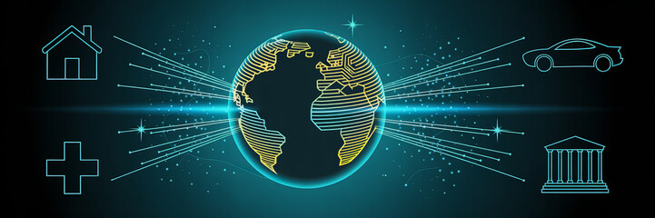 Global Digital Landscape: A futuristic vision of a glowing digital globe at the center, interconnected with various icons like a home, car, health symbol, and bank, conveying the modern digital world.