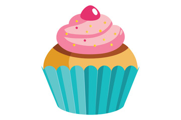 Colorful cupcake topped with pink frosting and a bright red cherry looks delectable
