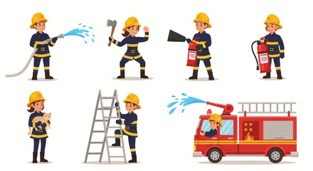 Diverse Firefighters in Action with Equipment and Fire Truck.