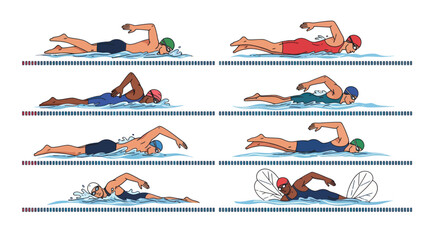A diverse collection of male and female swimmers illustrating different swimming strokes like freestyle and butterfly.