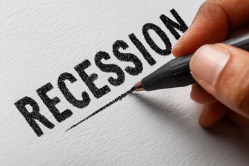 Close-up of a hand underlining the word recession with a black pencil on white textured paper, illustrating economic crisis, financial instability and downturn in global markets