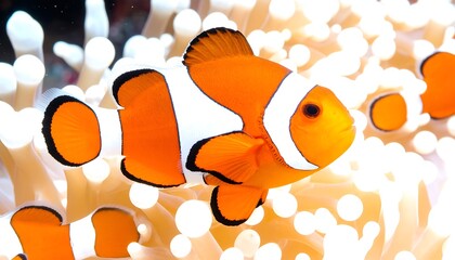 Orange clownfish swimming amongst anemone tentacles in coral reef, vibrant colors