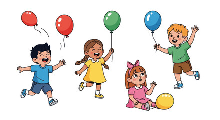 Group of Cheerful Children Playing with Colorful Balloons Cartoon Style Illustration.