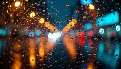 Gloomy Urban Cityscape Through Rainy Window