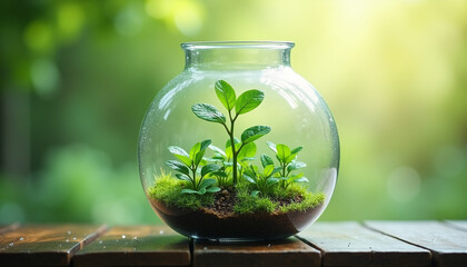 Minimalistic Small Indoor Plant in Glass Vase on Wooden Table