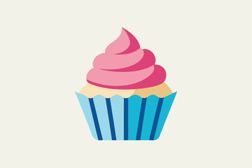 Simple flat design displays a cupcake with pink frosting and a blue wrapper