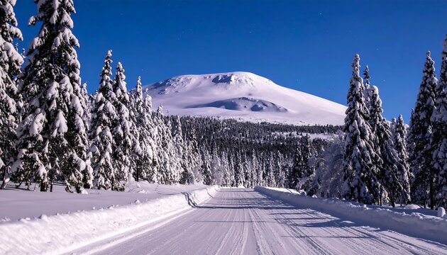 Snowy mountain road through winter forest
