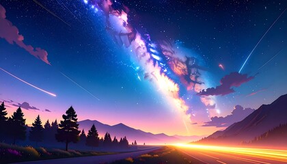 Starry night road landscape with colorful nebula, trees, mountains, and light trails