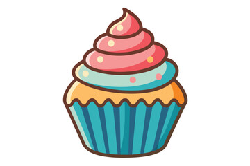 Cartoon cupcake displays tiered frosting with pink, blue, and yellow toppings against a white backdrop