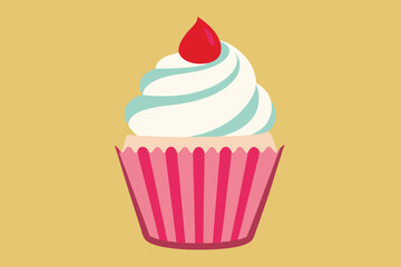 Delicious creamy cupcake topped with bright red cherry sits against the gold background