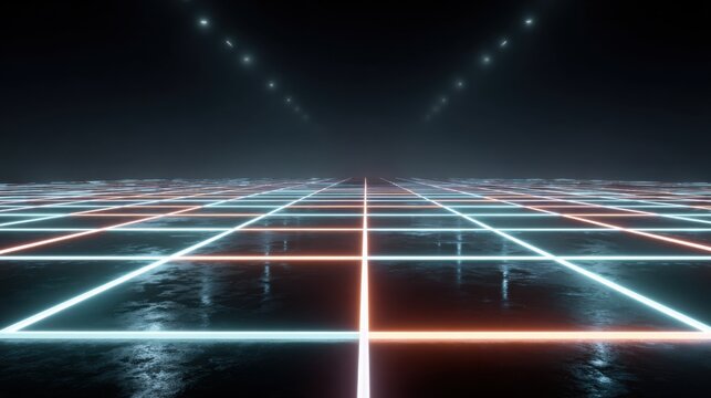 Futuristic Grid Landscape With Glowing Neon Lines and Misty Atmosphere Creating an Immersive Digital Environment