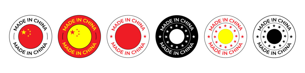 set of six made in china circular labels displayed in a single row with different color schemes and star patterns featuring creative round designs on a clean white background