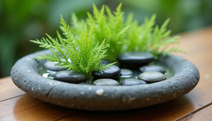 Minimalistic Zen Bowl with Black Stones and Green Plants for Indoor Relaxation