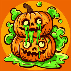 Acid trippy sticker with two crazy quirky pumpkins surrounded by toxic clouds. Psychedelic funky and quirky jack o lanterns with dripping liquid slime and a grin