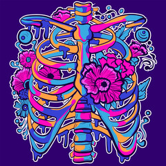 Artistic sticker of a floral rib cage with flowers, leaves and dripping slime. Psychedelic romantic spine with roses, poppies and colors for a gothic Halloween