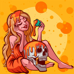 Acid trippy blonde woman pouring slime on a skull. Halloween psychedelic girl splashing dripping goo on a skeleton head.