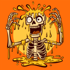 Cartoonish trippy acid illustration for Halloween of a crazy skeleton in liquid slime. October character of a spooky skull with psychedelic goo.