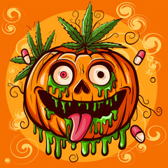 Acid trippy pumpkin head with leaves, pills and green slime. Halloween crazy jack o lantern with its tongue out.
