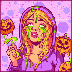 Acid trippy stoned illustration of a blonde girl surrounded by pumpkins and green slime. Stoner drawing of a woman in a hoodie celebrating Halloween