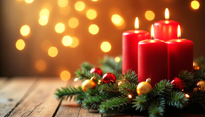 A festive arrangement of burning red candles with evergreen branches and baubles on a wooden background with space for text. A festive decor concept for Christmas and New Year's.