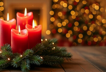 Cozy holiday ambiance with red candles and festive decor for winter celebrations. Christmas and New Year's concept.