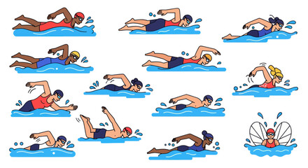 Diverse Cartoon Swimmers Performing Various Strokes in Water.