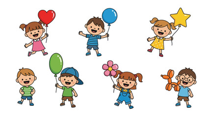 Cartoon Children Holding Balloons Smiling and Cheerful.