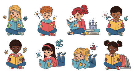 Cute Diverse Cartoon Children Reading Books Learning and Imagining Stories.