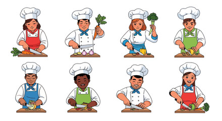 Diverse Cartoon Chefs Preparing Fresh Vegetables for Cooking.