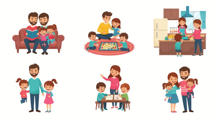 Cartoon Family Illustrations: Happy Parents and Children Engaging in Daily Activities.