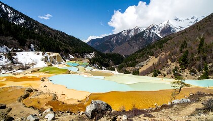 Vivid terraced pools in a mountain valley, dotted with patches of snow and vegetation