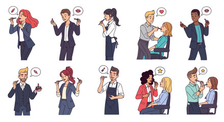 Diverse Makeup Artists with Tools and Thought Bubbles Professional Beauty Services.