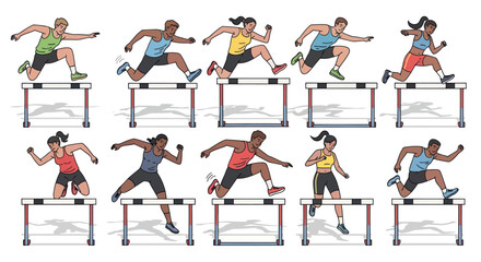 Diverse athletes in mid-stride leaping over hurdles during a track and field race.