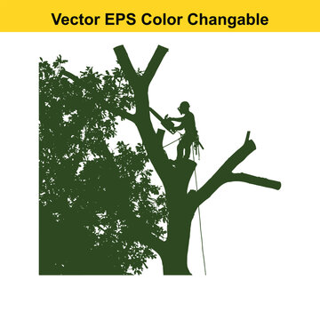 Vector art of silhouette of a tree trimmer with chainsaw working on a tree