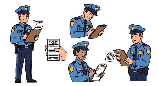Cartoon Police Officers Writing Tickets and Issuing Fines.