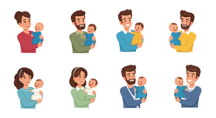 Diverse Parents Holding Babies: Cartoon Illustrations of Mother and Father Figures with Infants.