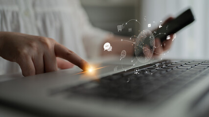 Visualization of global digital communication and online across multiple platforms, including global network, digital network, communication network, and online network. Latch