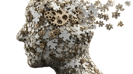 A conceptual representation of a human head disintegrating into puzzle pieces, symbolizing complexity and thought.