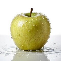 Green Apple with Water Droplets on White Background