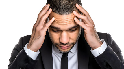 A stressed Hispanic man in a suit, expressing tension with his hands on his head against a white background.