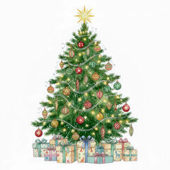 Decorated Christmas Tree with Gifts and Ornaments.