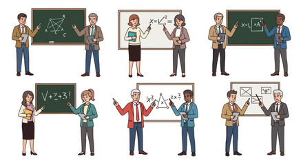 Diverse group of teachers instructing students at chalkboards and whiteboards.