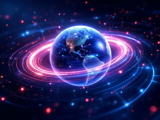 Obraz premium A futuristic representation of the Earth surrounded by vibrant neon rings and glowing particles in space
