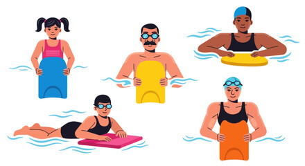 Diverse Swimmers Enjoying Water Activities with Various Equipment.
