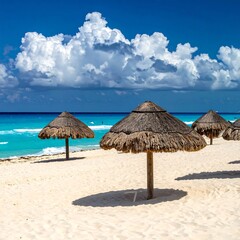 Tropical beach scene with thatched umbrellas (1)