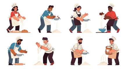 Fototapeta premium Diverse Group of Bakers Preparing Dough Wearing Aprons and Chef Hats.