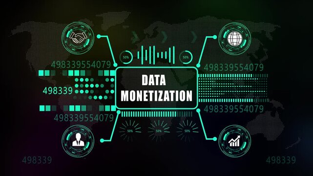 data monetization Graphics and Data Visualization Elements for Analytics and Strategy. Asymptotic smart data on world map background . 