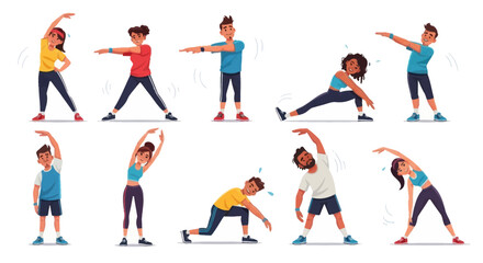 Diverse Cartoon Characters Exercising and Stretching Warming Up for Fitness and Health.